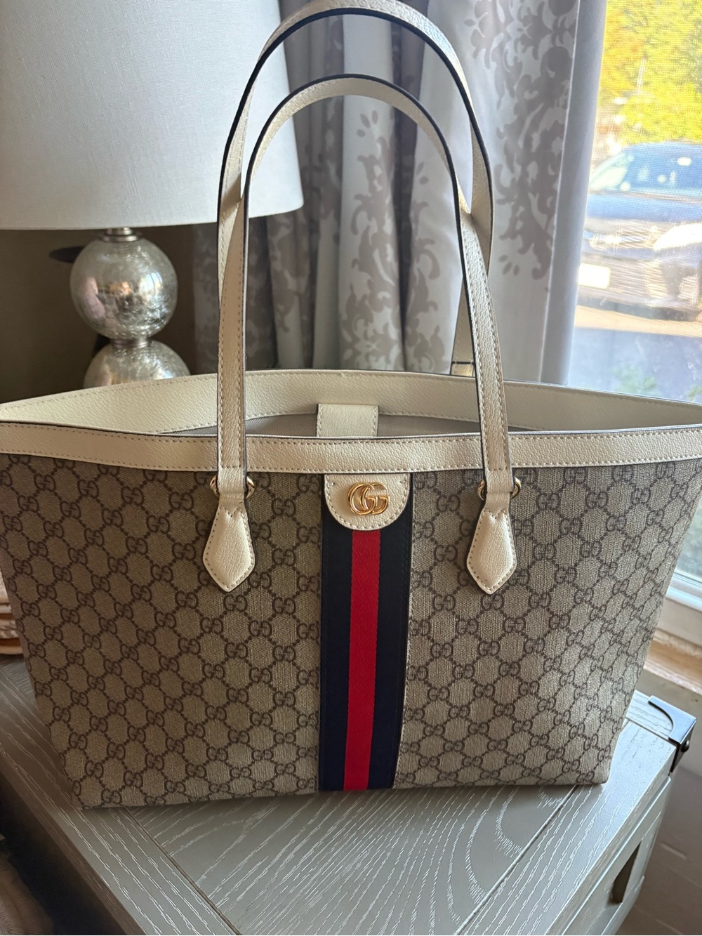 FASHION Beige Supreme Tote with Red & Blue Web Stripe and Cream Trim - Picture 2 of 10